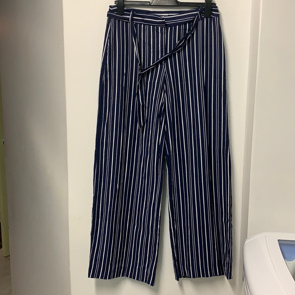 Navy & White Striped Wide Leg Pants